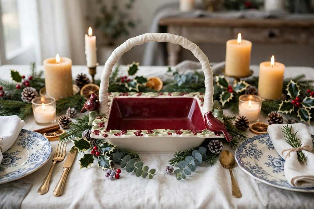 Grasslands Road Cardinal and Holly Berry Ceramic Basket Serving Dish